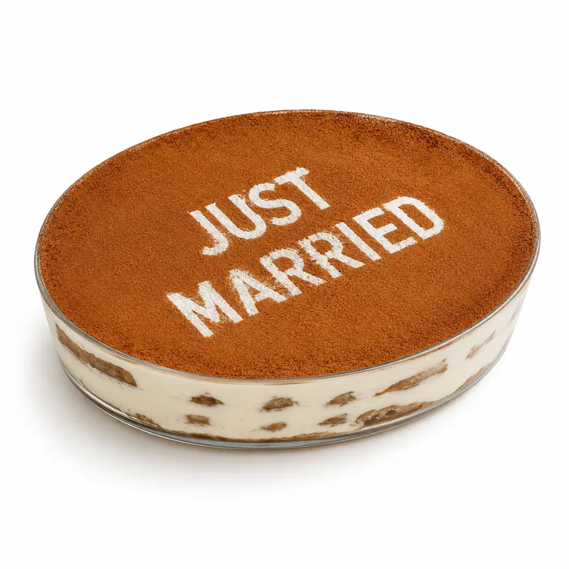 Just Married tiramisu made with acrylic cocoa stencil