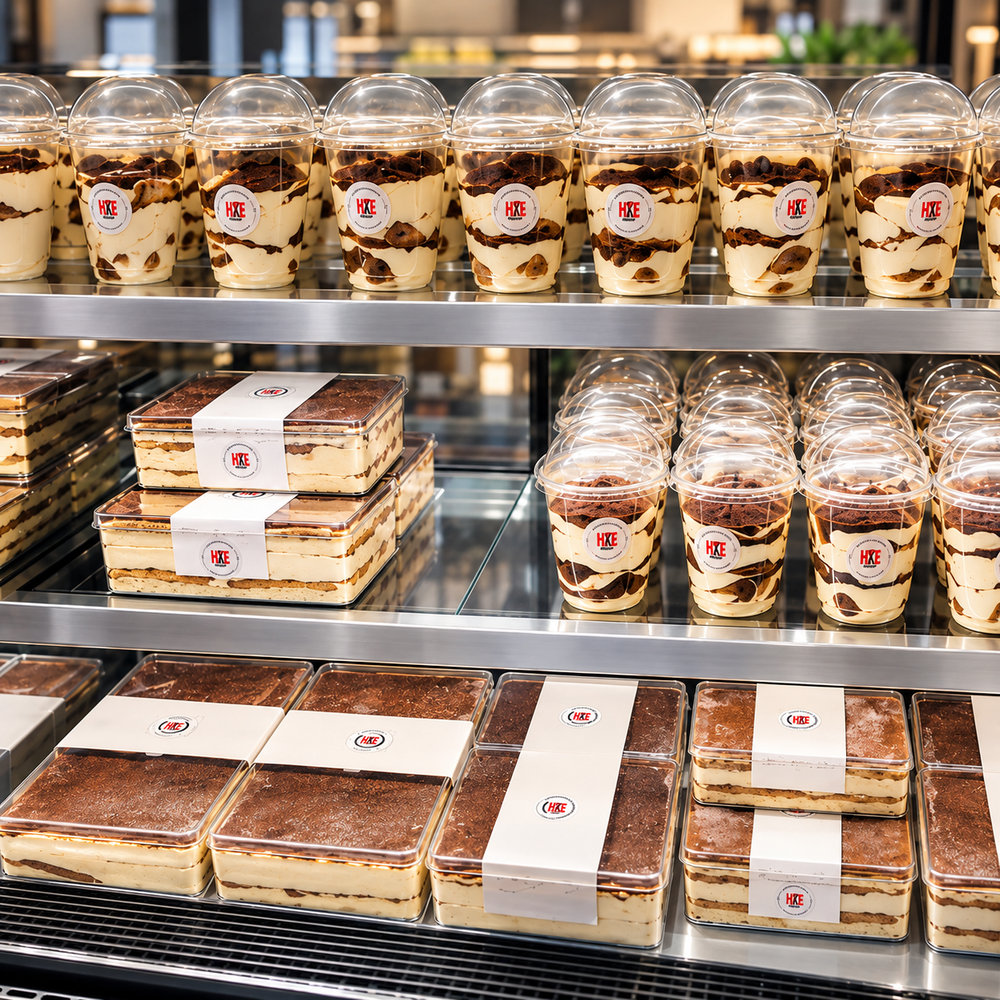 Dessert display concept with round logo stickers and paper sleeves