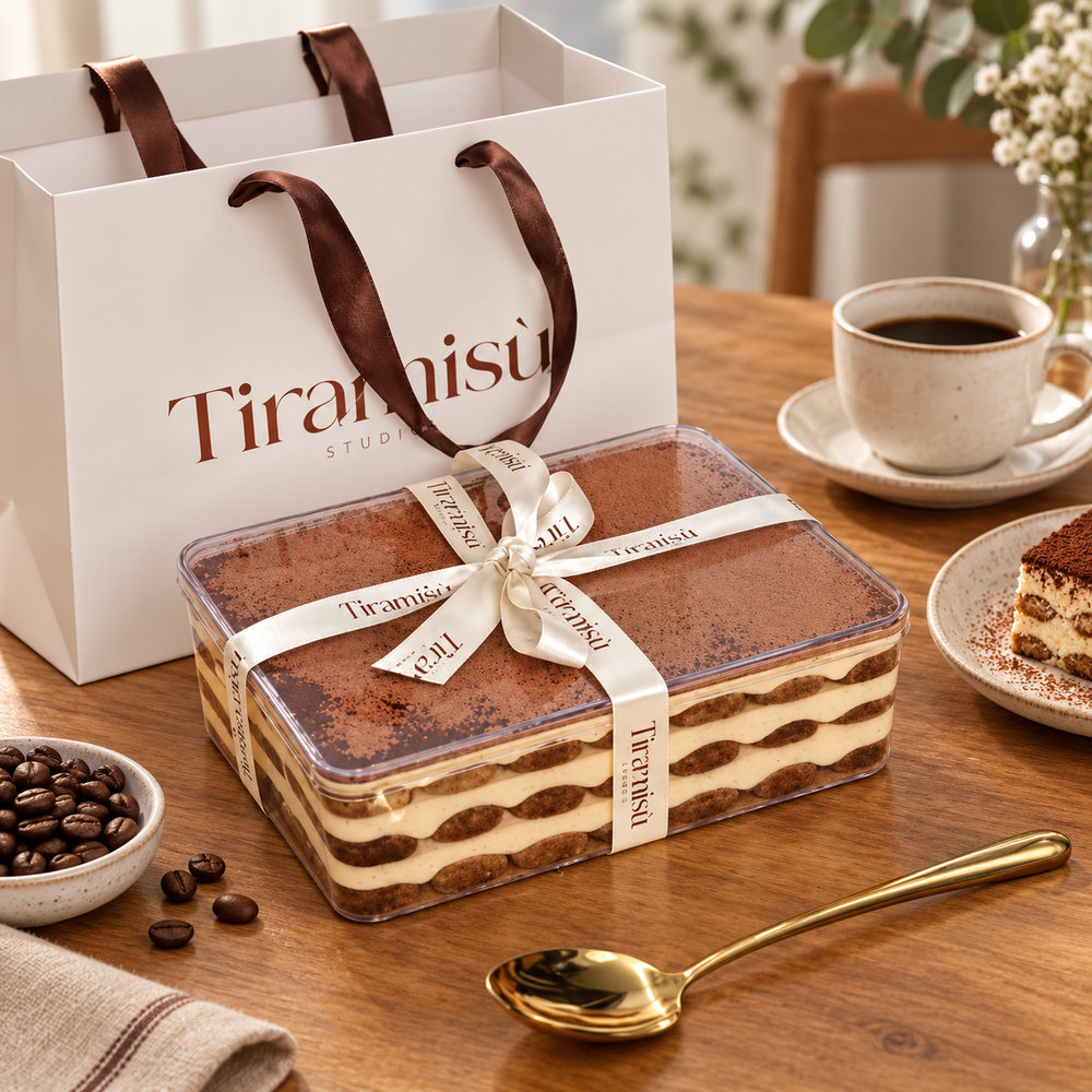 Concept of a tiramisu gift box with coordinated ribbon and paper bag