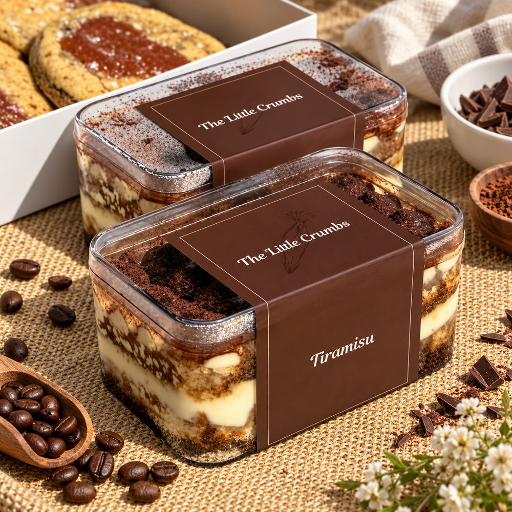 Tiramisu packaging design concept with brown paper sleeves