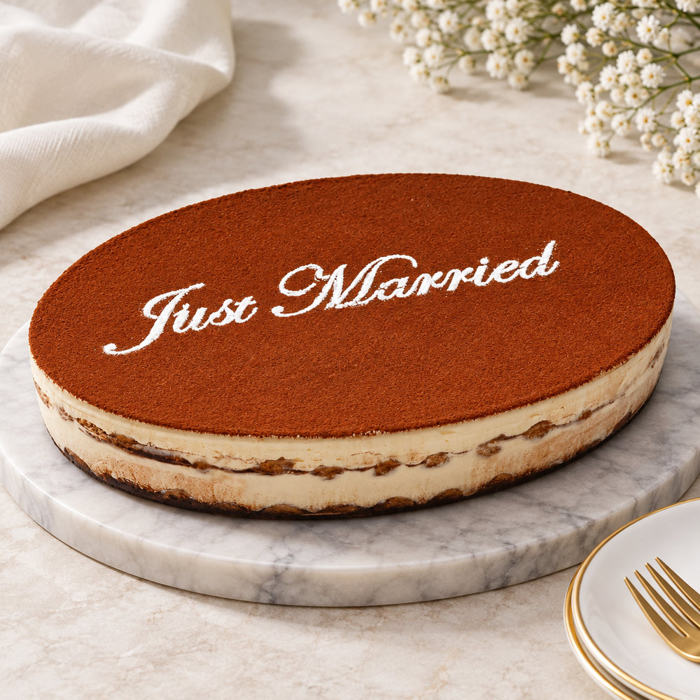 Wedding tiramisu design concept with Just Married lettering on cocoa