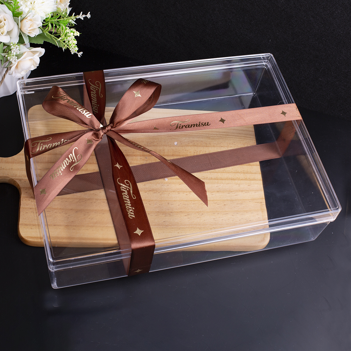 Clear dessert box with custom branded ribbon