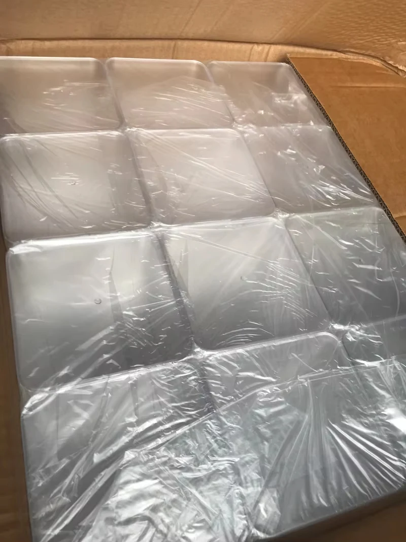 Clear plastic packaging nested inside a protective bag in an outer carton