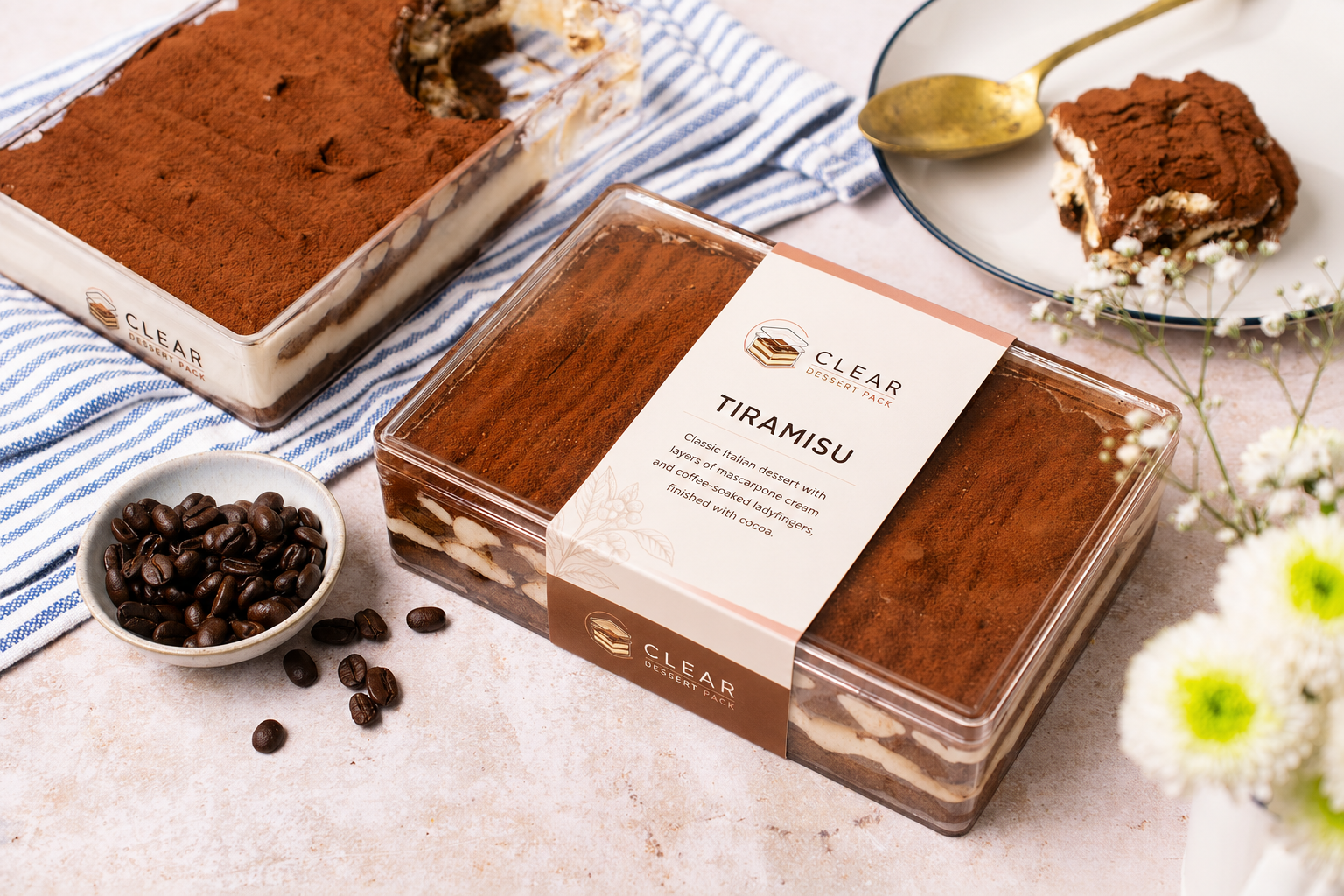 Custom clear tiramisu packaging with branded paper sleeve