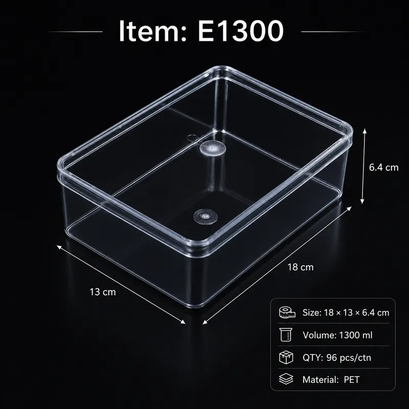 Clear PET Dessert Box - SKU E1300 size 18 × 13 × 6.4 cm