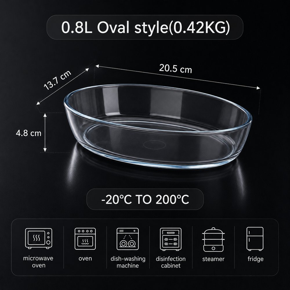 0.8L oval glass baking dish size guide, 20.5 × 13.7 × 4.8 cm, 0.42 kg