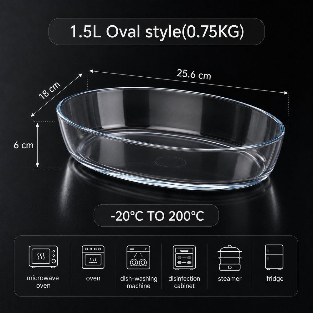 1.5L oval glass baking dish size guide, 25.6 × 18 × 6 cm, 0.75 kg