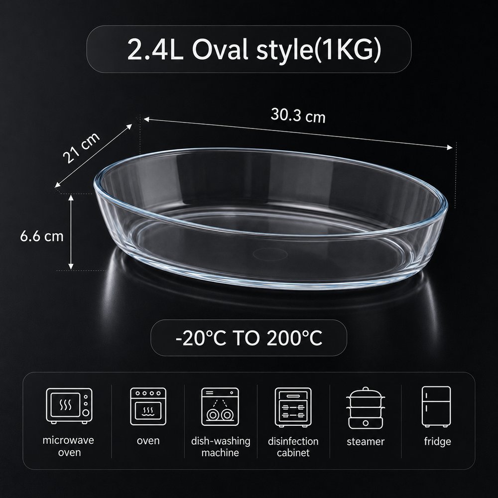 2.4L oval glass baking dish size guide, 30.3 × 21 × 6.6 cm, 1 kg