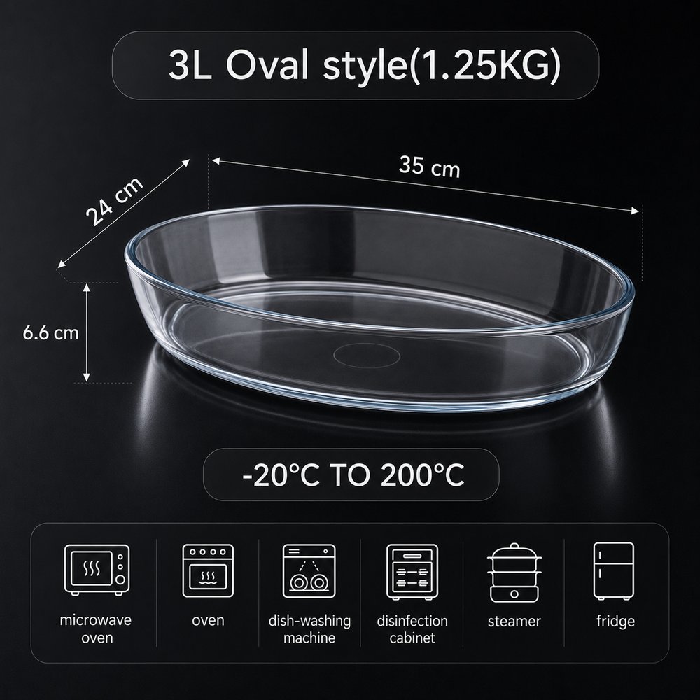 3L oval glass baking dish size guide, 35 × 24 × 6.6 cm, 1.25 kg