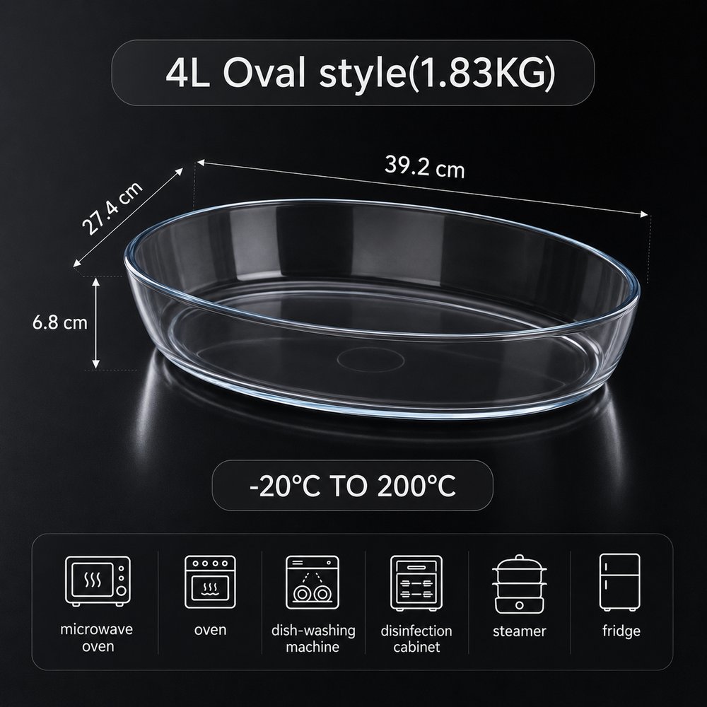 4L oval glass baking dish size guide, 39.2 × 27.4 × 6.8 cm, 1.83 kg